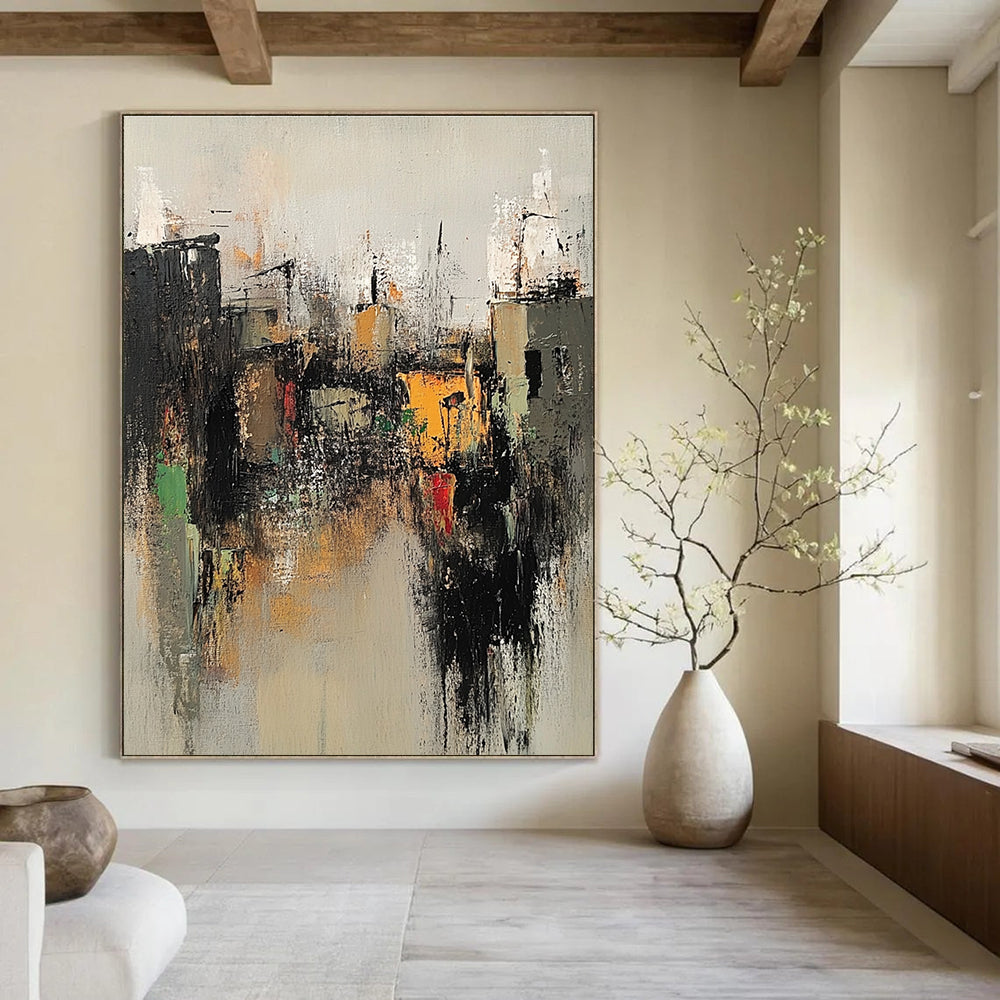 Large abstract painting of an old village with neutral tones dark gray light orange accents evoking nostalgia for vintage rural life.STSC660