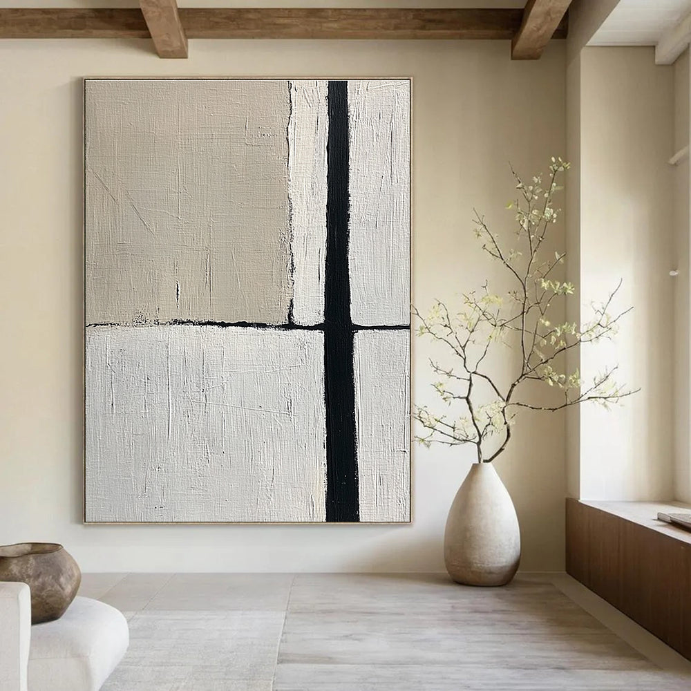 Large abstract painting featuring a minimalistic design with an empty space and a single black vertical line in beige and gray tones.STSC260