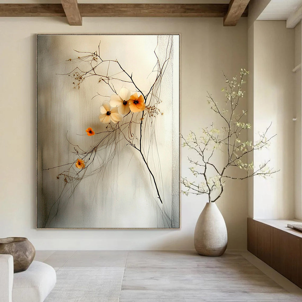 Abstract artwork featuring delicate wildflowers with a small orange bloom against a soft gray background emphasizes calmness and balance through intricate string-like details.STSC856