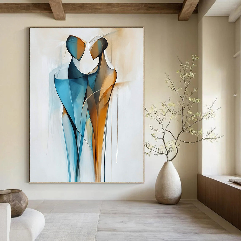 Large abstract painting featuring two figures in blue and amber with geometric lines and smooth curves on a shaped canvas and white background.STSC712