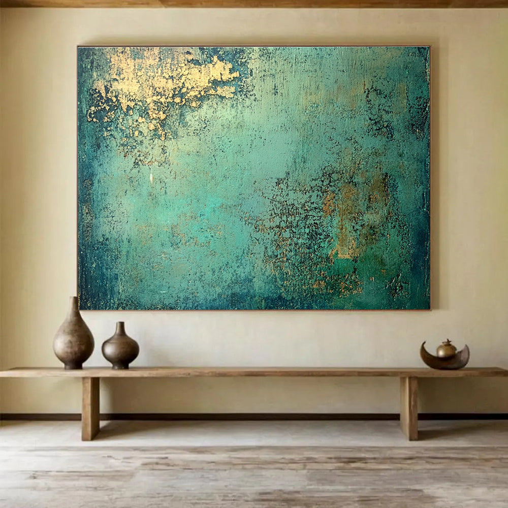 An abstract painting highlighting molten copper with a vibrant patina of green and blue, inspired by the style of Jeremy Mann.SC593