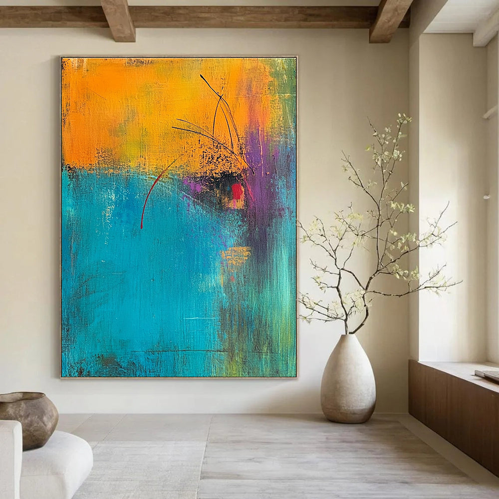 Abstract painting featuring a turquoise and amber background with magenta highlights and an orange foreground accented in yellow green and blue.STSC405
