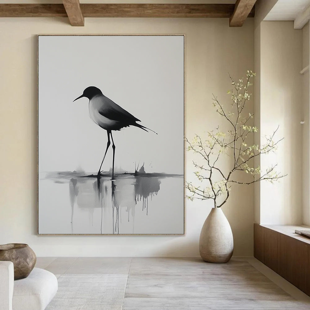 Abstract painting of a long-legged bird walking on water with minimalistic lines and reflections captured in morning light in a close-up view.STSC911