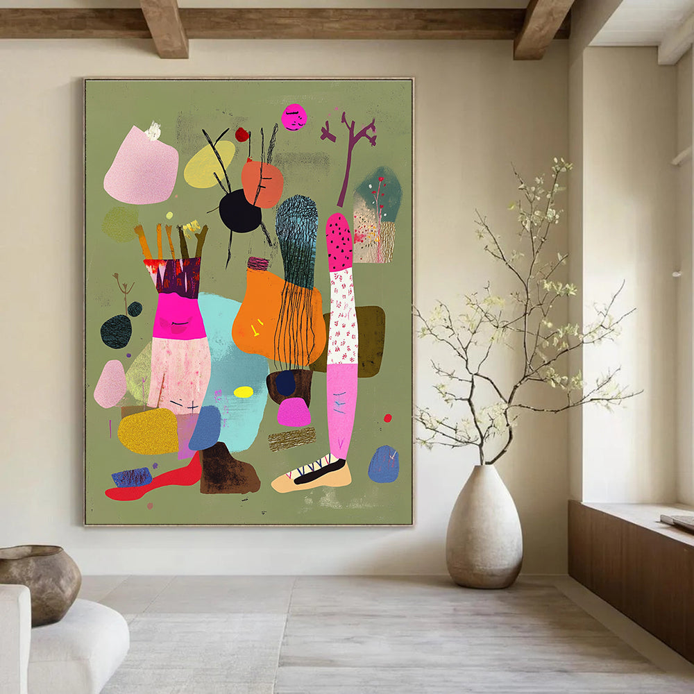 A large abstract collage featuring colorful legs with shoes and ropes against a light greenish brown background embellished with pink accents and floating fabric.STSC972