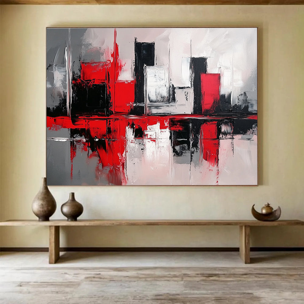 Red Black and White Abstract Painting with Cityscape Reflections DYP398