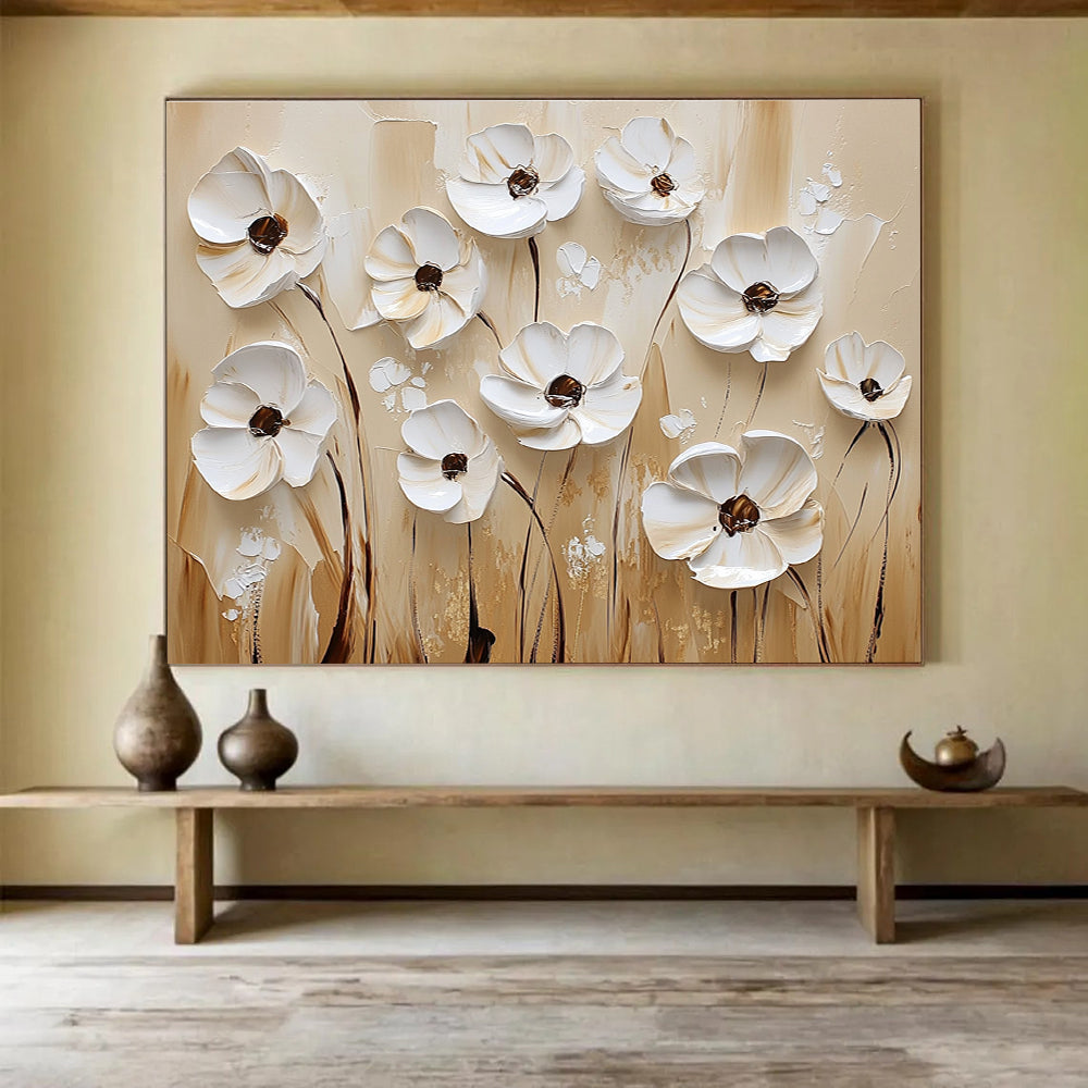 Large abstract painting featuring textured white flowers on a beige background with a white and brown color palette in oil paint.SC003