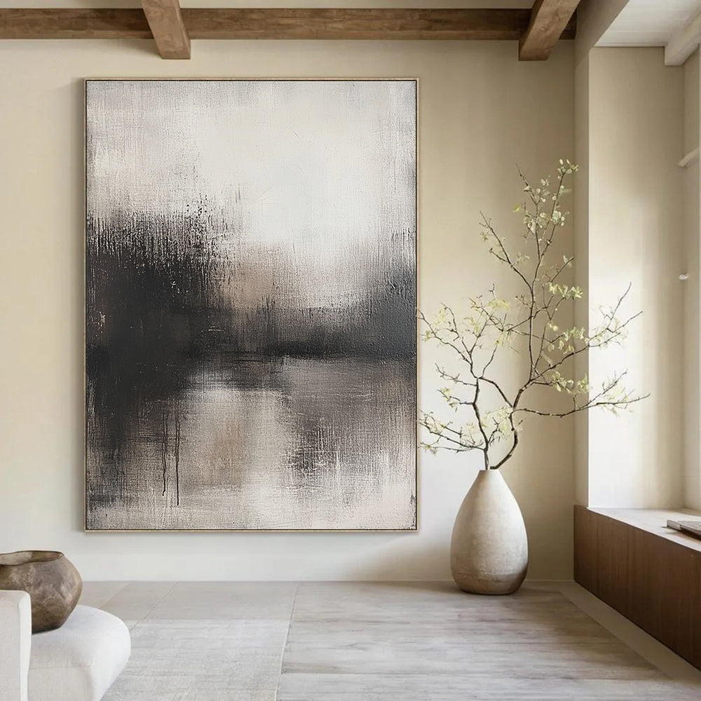 Large abstract painting with faded gray tones minimalist style and a weathered surface in a neutral color palette.STSC085