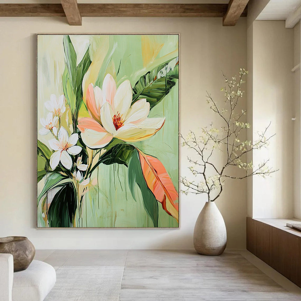 Large abstract painting of tropical flowers featuring a central magnolia and warm light green tones evokes tranquility and calmness.STSC1142