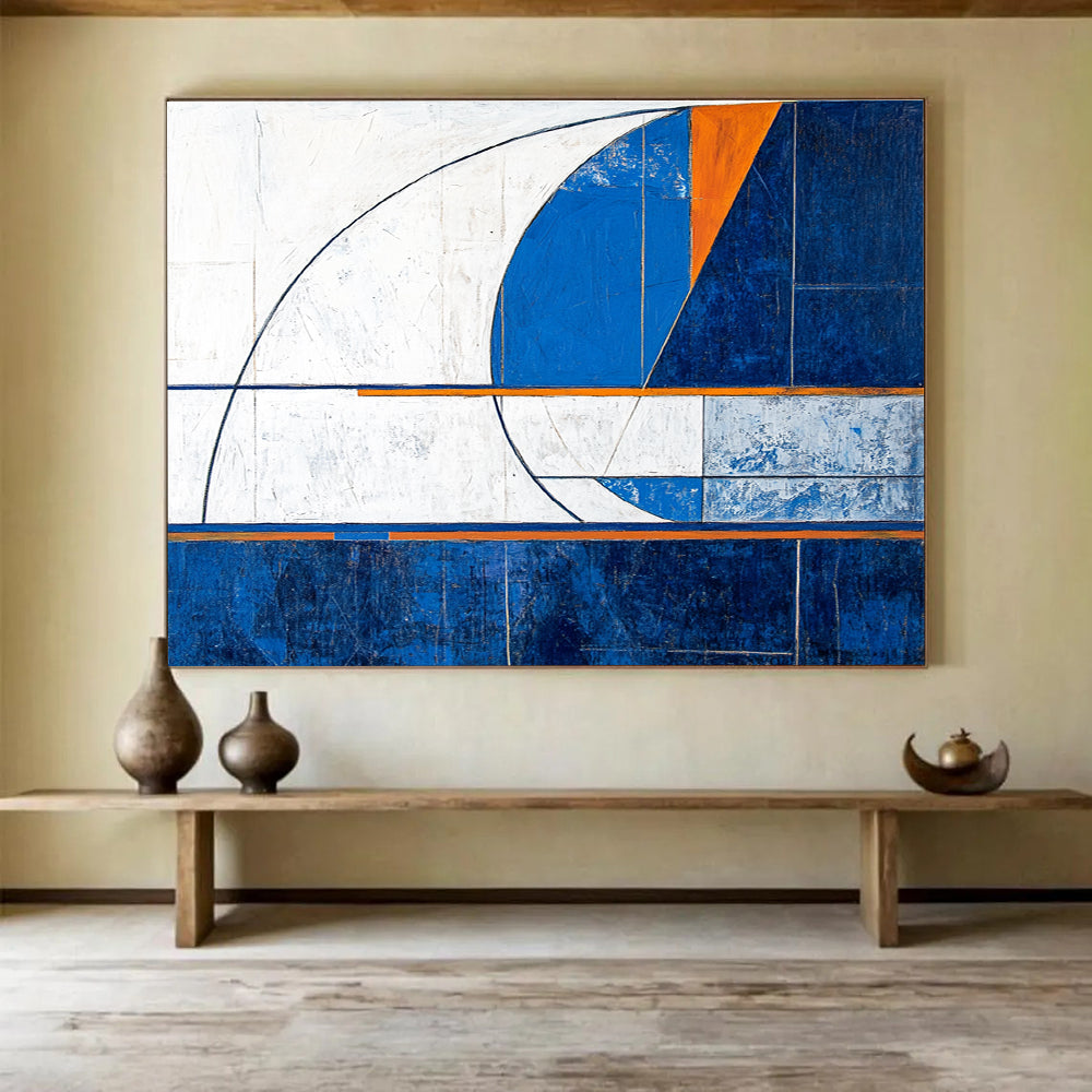Large abstract painting featuring geometric shapes in blue and white with a modern minimalistic design and dynamic compositions.SC029