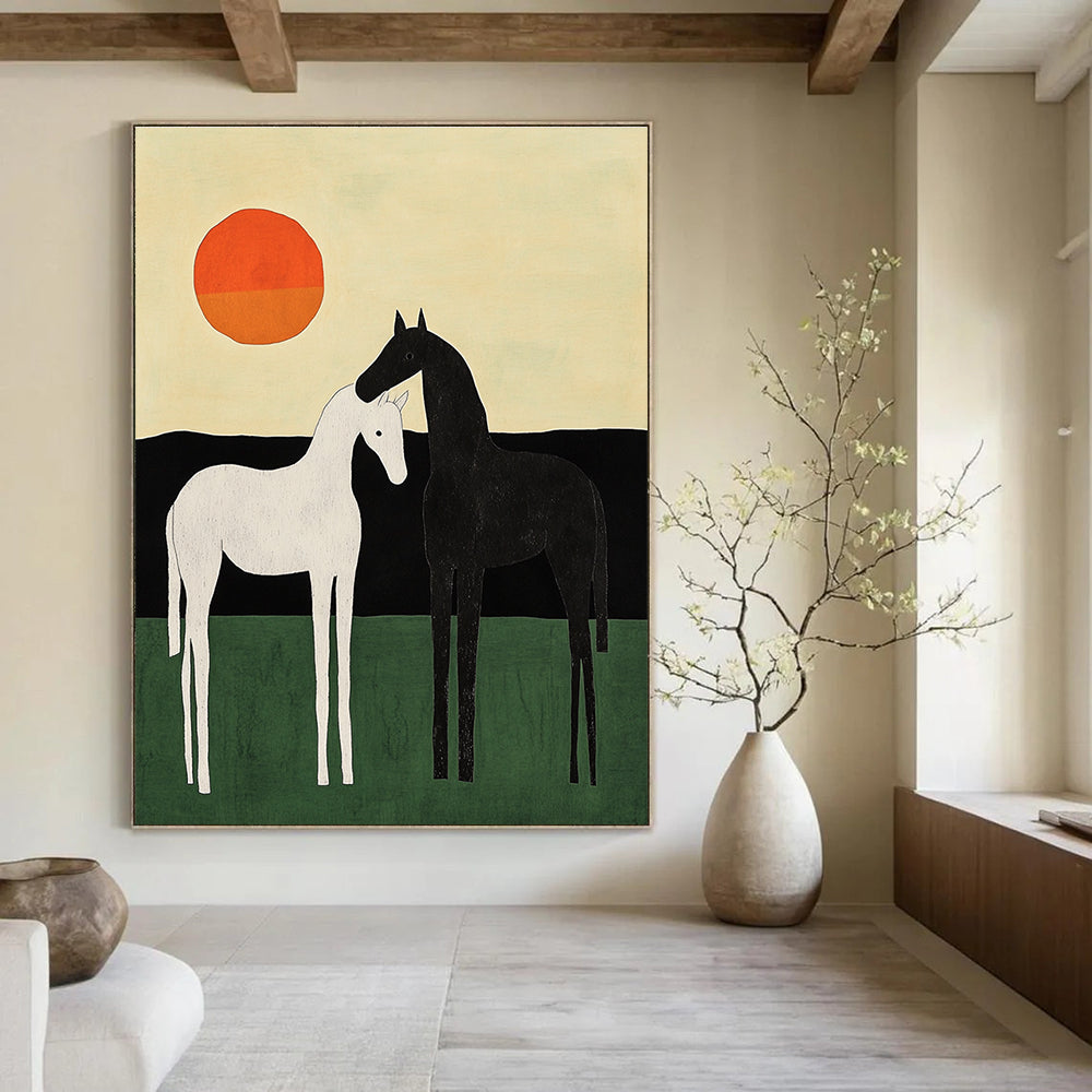An abstract painting featuring two minimalist horses in black and white against a green field and colorful sky with an orange sun.STSC1329