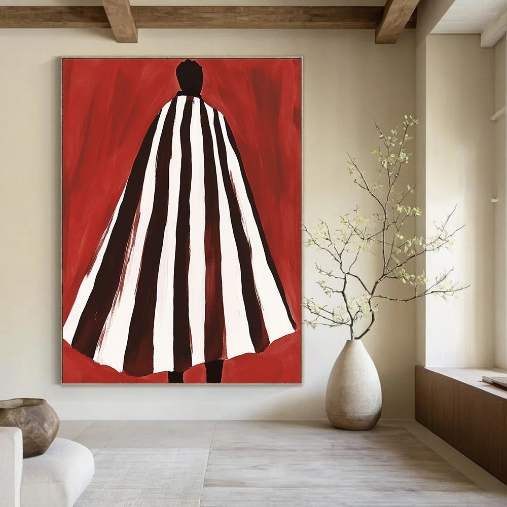 Abstract artwork featuring a brown and white striped cape inspired by Matisse and Bunt on a vibrant red background.STSC932