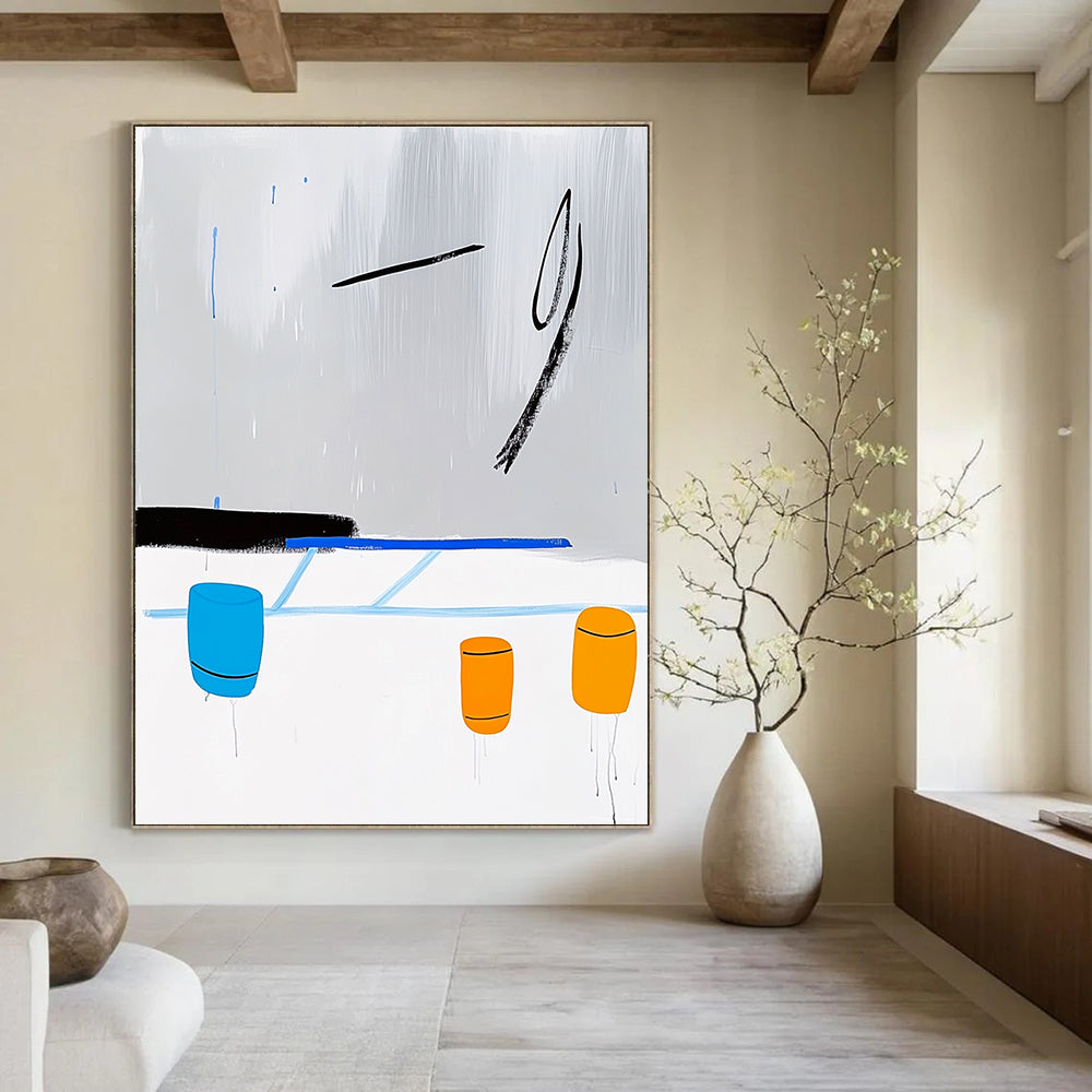 A Large Abstract Artwork Featuring a Minimalist Line Drawing of an Ice Rink with Blue Lines Yellow Barrels and Rainy Grey Sky.STSC1347