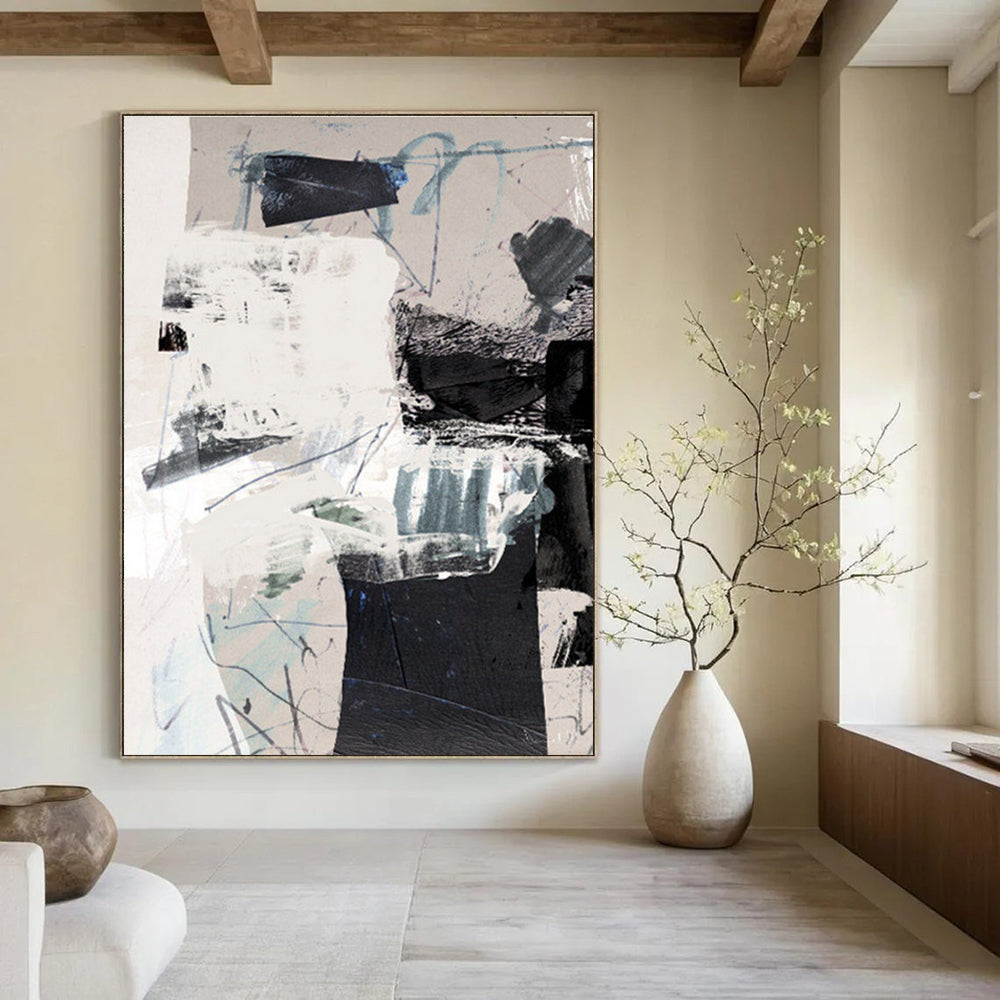Mixed - media Abstract with Neutral and Blue Tones Painting ADGE194