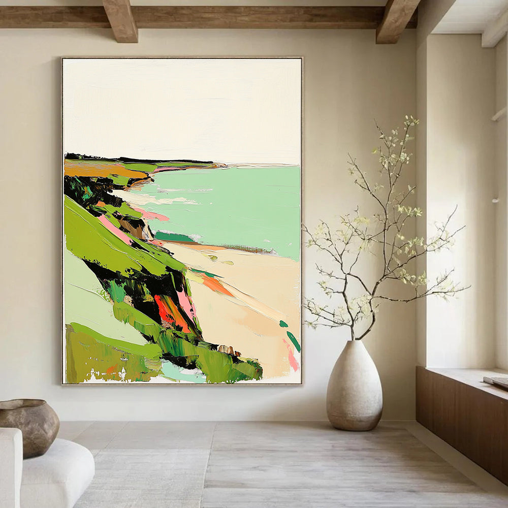 Abstract painting featuring green coastal landscape in muted tones with pink highlights textured with thick brush strokes on a white background.STSC1299