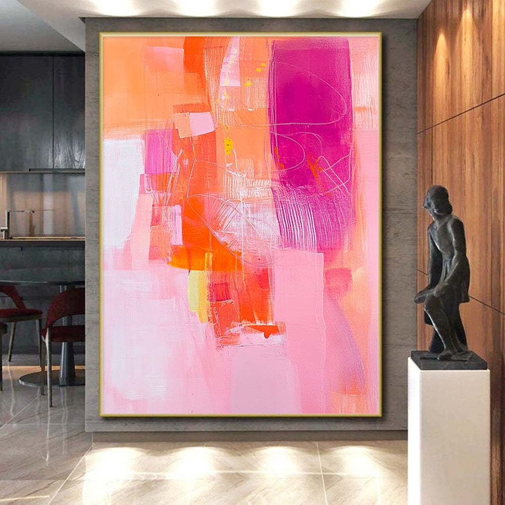 Vibrant Pink and Orange Abstract Painting with Dynamic Shapes GER254