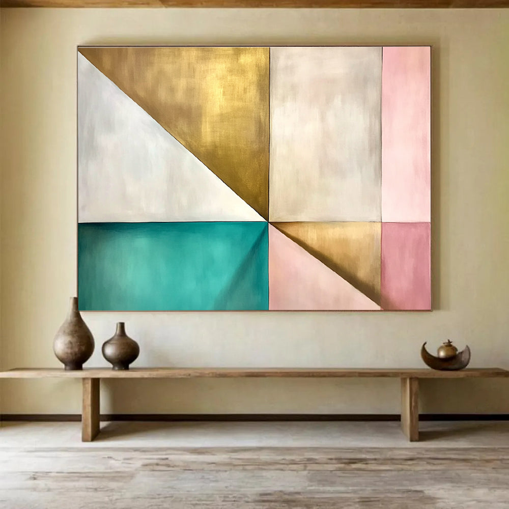 A large abstract painting featuring geometric shapes in white with light brown tones and hints of pale yellow, inspired by Japandi and James Turrell.SC504