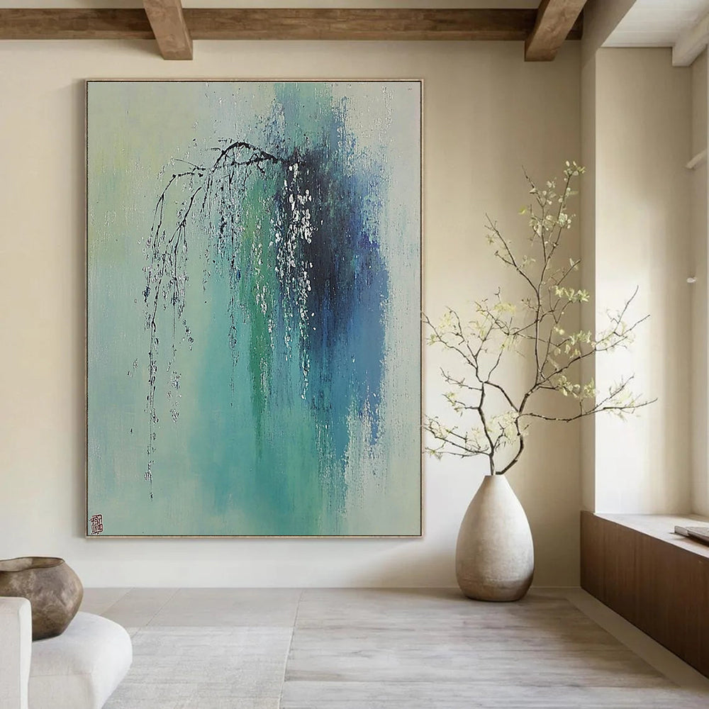 Large abstract painting of a willow tree with silver dewdrops soft colors and a misty rain in spring inspired by Zao Wou-Ki.STSC1038