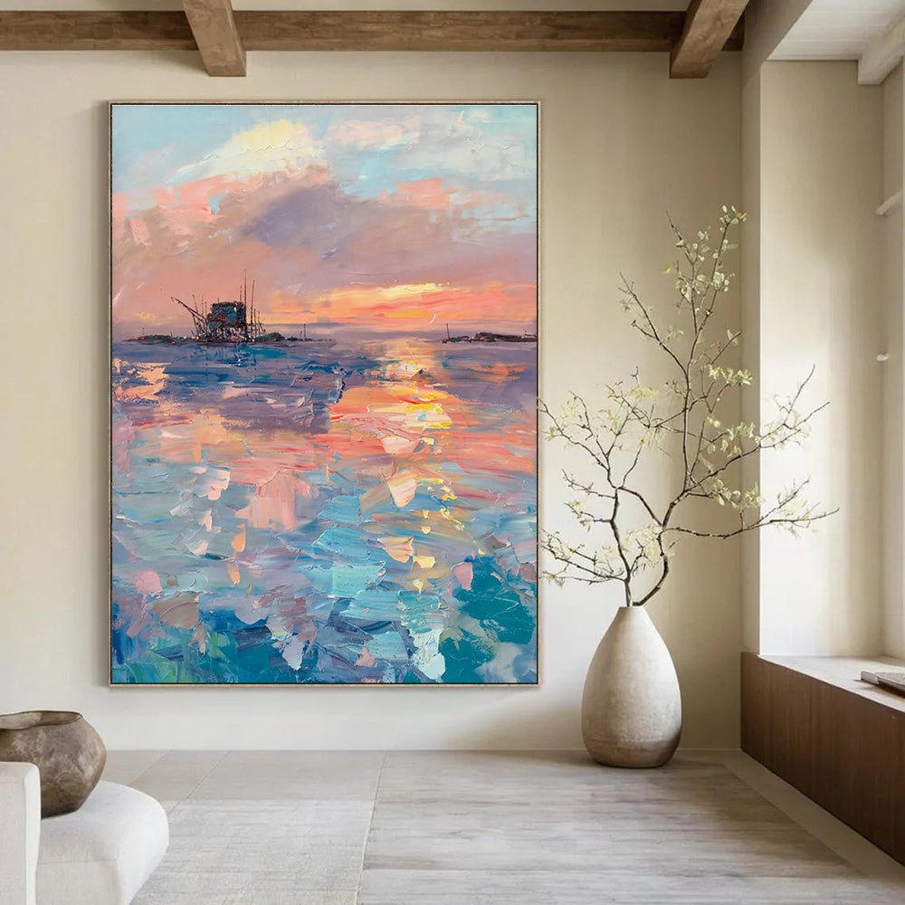 Sunset at Sea Abstract Painting with Colorful Reflections ADGE531