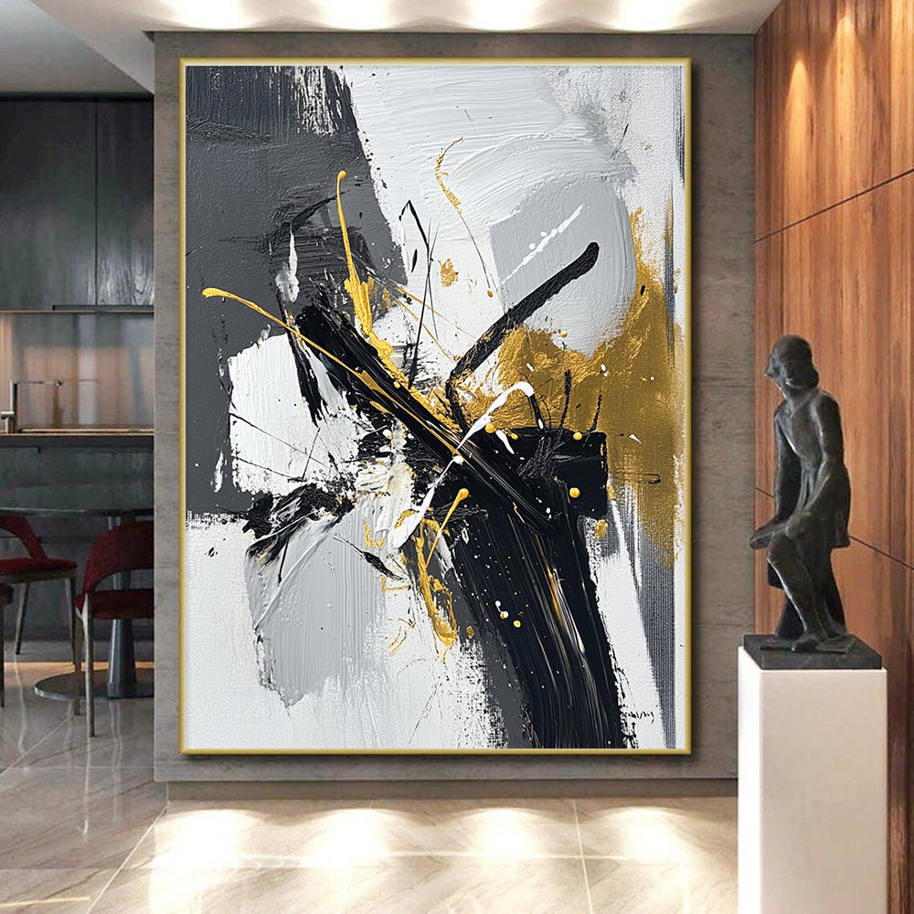 Black Gray White and Gold Abstract Painting with Dynamic Brushstrokes GER020