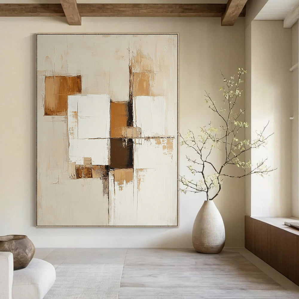 Large abstract painting featuring beige and white squares with brown accents for a modern artistic touch.STSC763