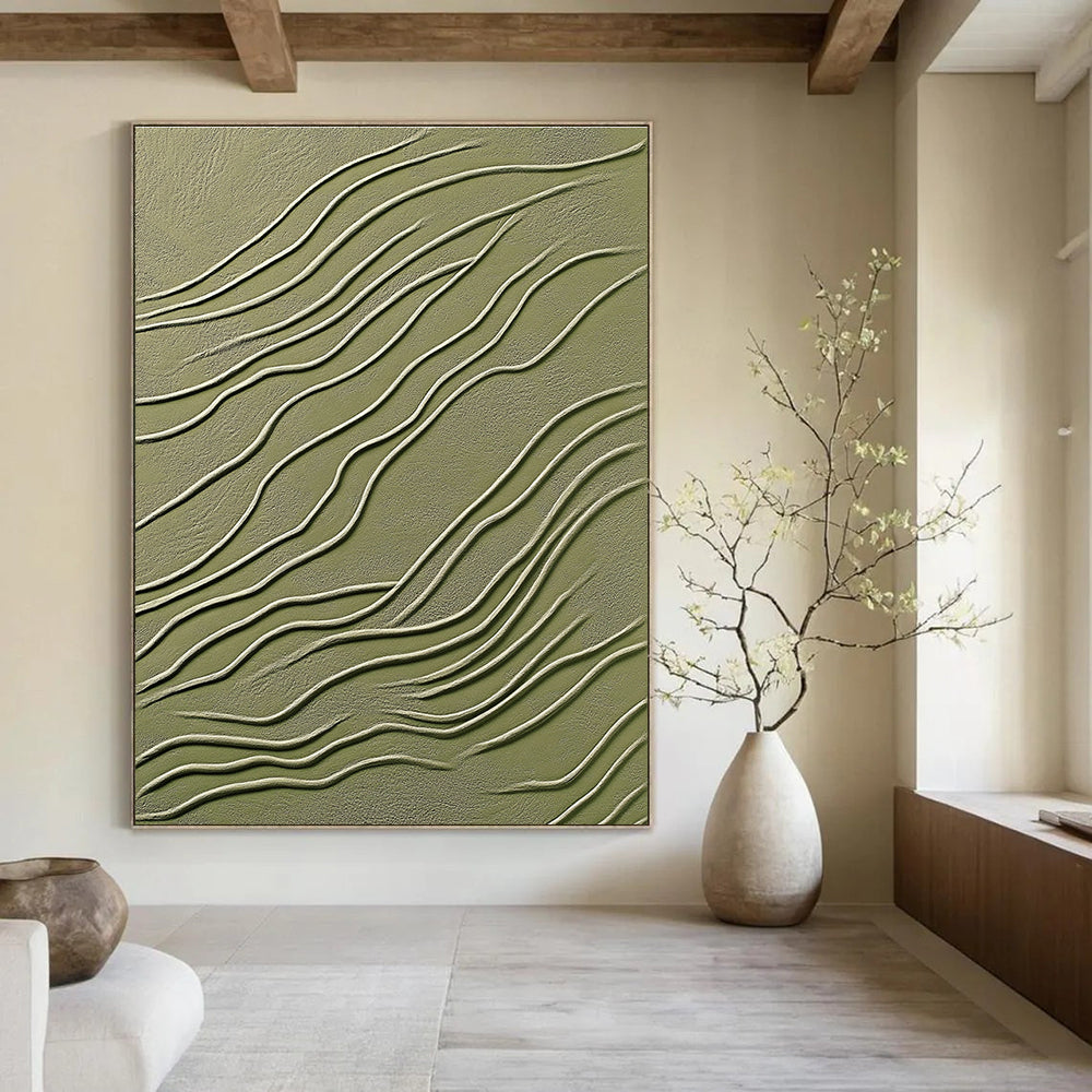 Abstract artwork featuring modern organic lines in olive green with white accents and textured details for an elegant decorative touch.STSC1359