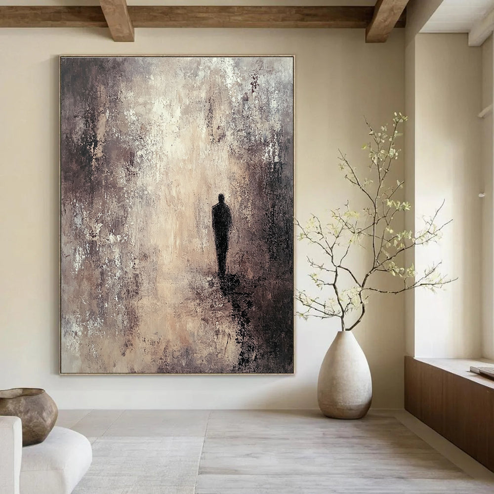 Large abstract painting featuring deep layers textured in brown and gray tones with a mysterious dark figure amidst an exquisite atmospheric backdrop.STSC206
