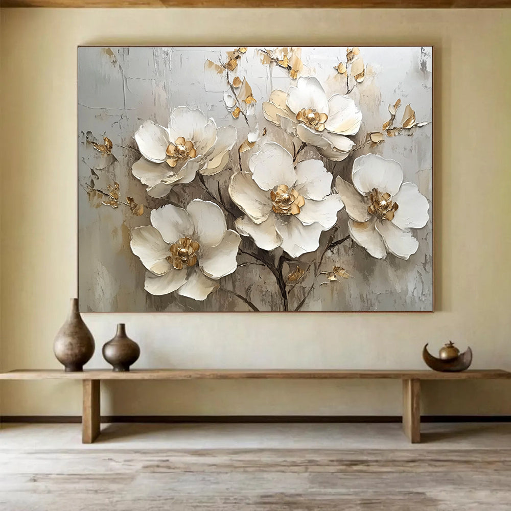 A large abstract painting featuring white flowers with gold accents on a white background, showcasing elegant details and soft lighting in a neutral palette.SC623