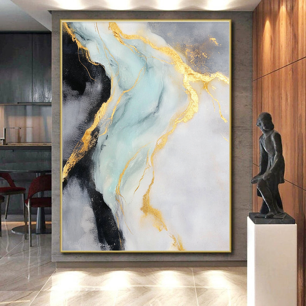 Gold Blue Gray Abstract Painting with Flowing Gold Lines GER740