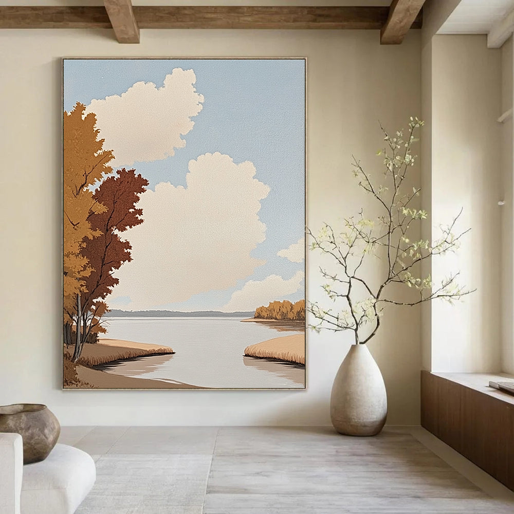 Abstract painting of a riverbank with trees autumn red leaves and a vast lake minimalistic oil style flat illustrations.STSC1020