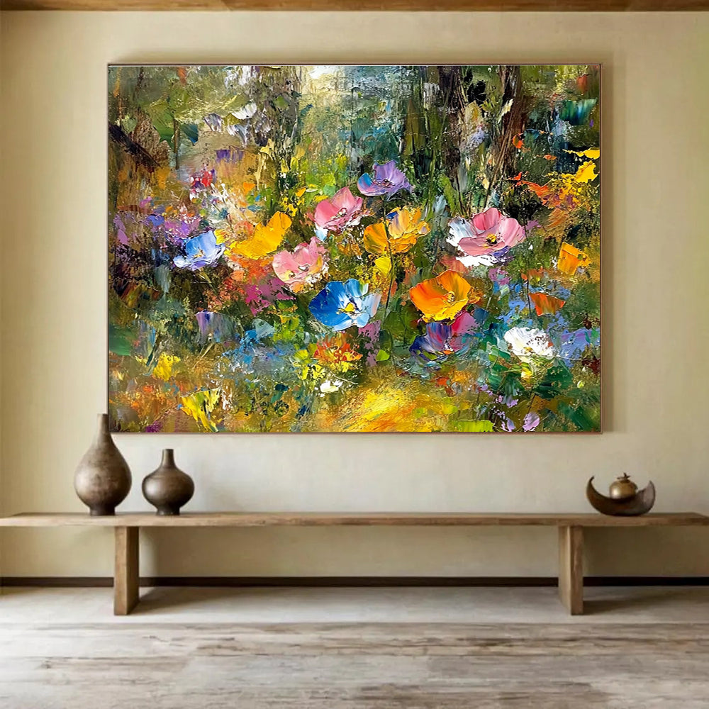 An abstract painting featuring vibrant wildflowers in a forest with expressive colors and blurred background, highlighted by golden foliage and trees.SC401