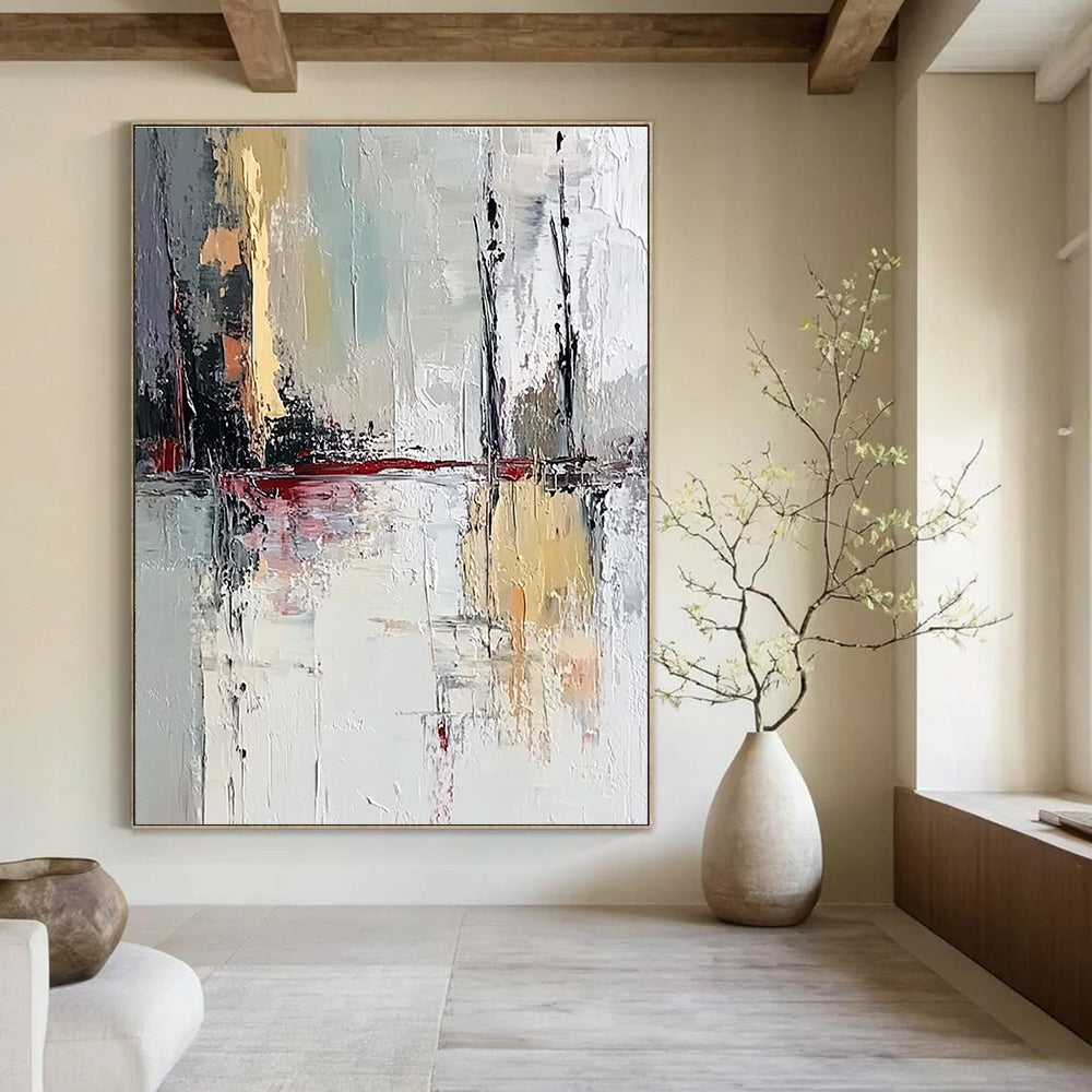 Large abstract painting featuring muted white and grey colors showcasing a lake reflection with thick brush strokes on textured canvas.STSC601