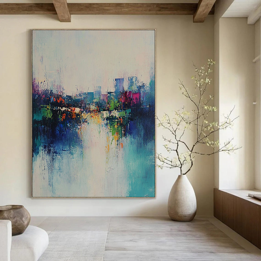 Large abstract painting featuring a serene misty landscape with green-blue hues and reflections of city lights in textured layers.STSC562