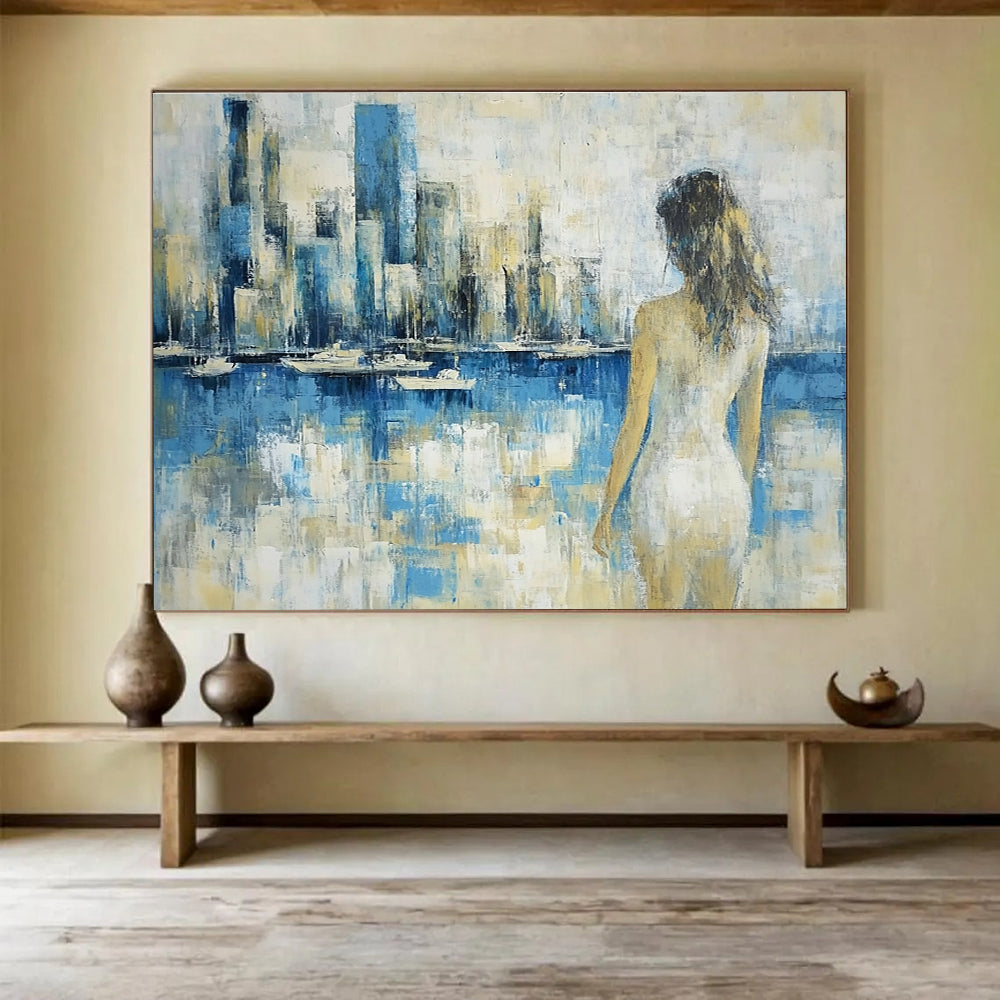 Large abstract painting of a vibrant cityscape in textured gold blue purple and red with impasto strokes and palette knife techniques.SC356
