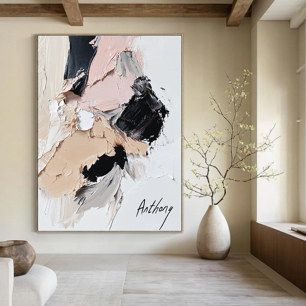 Large abstract painting featuring an anthropomorphic cat in black and beige with pink accents thick impasto style on white background.STSC257