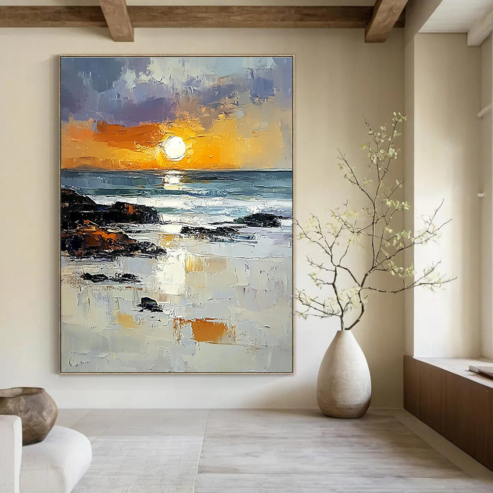 Abstract painting capturing the Irish coast with vibrant orange sunset rocks and reflective water showcasing textured brushstrokes in a bright sky.STSC882