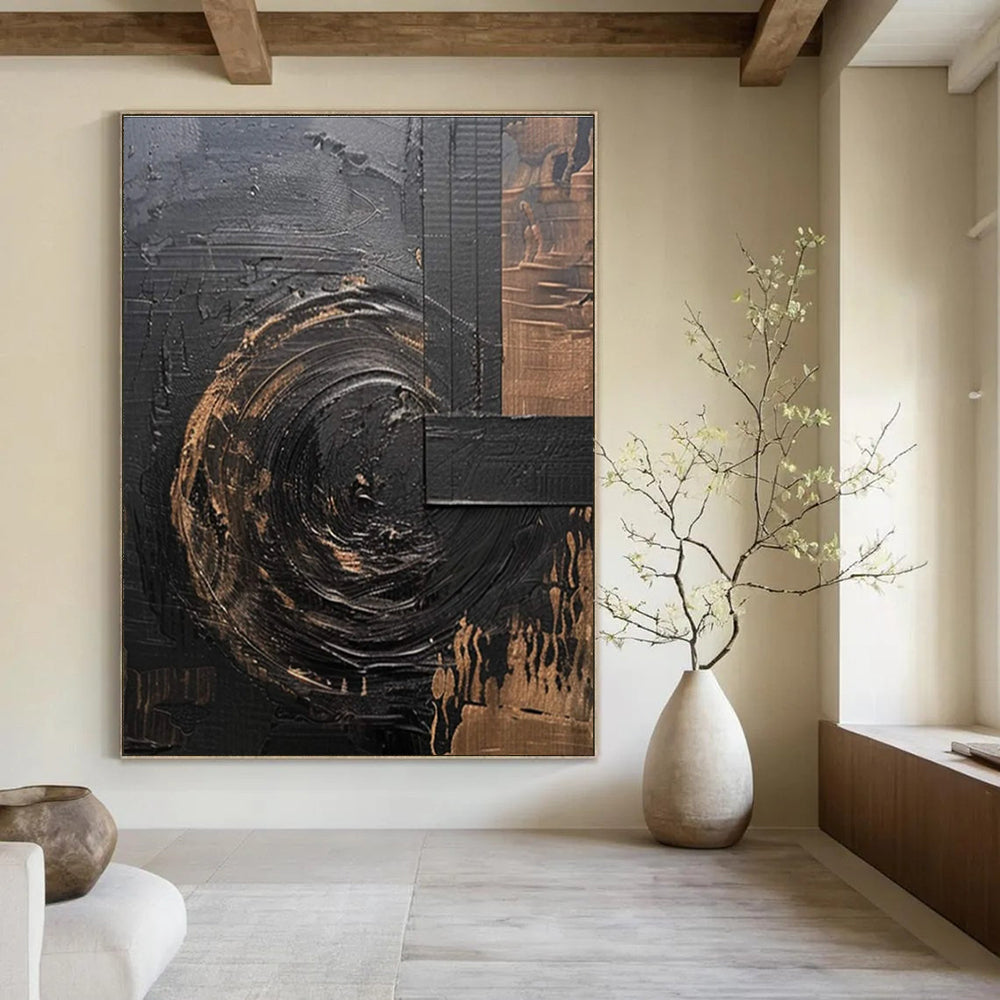 Black - Gold Abstract Painting with Swirling Textures ADGE476