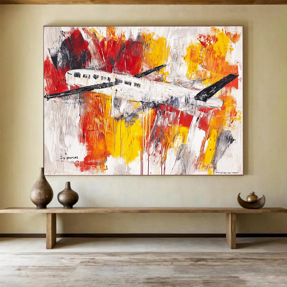 A large abstract painting featuring an airplane and a clothesline in vibrant brush strokes and washes of red, yellow, orange, grey, and silver on a white background.SC333