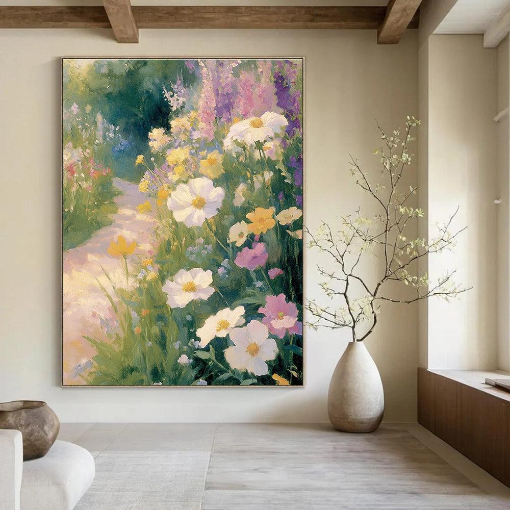 Large Abstract Painting of an Old English Garden with Wildflowers and a Winding Path Evoking Calmness and Tranquility in Soft Pastel Colors.STSC1227