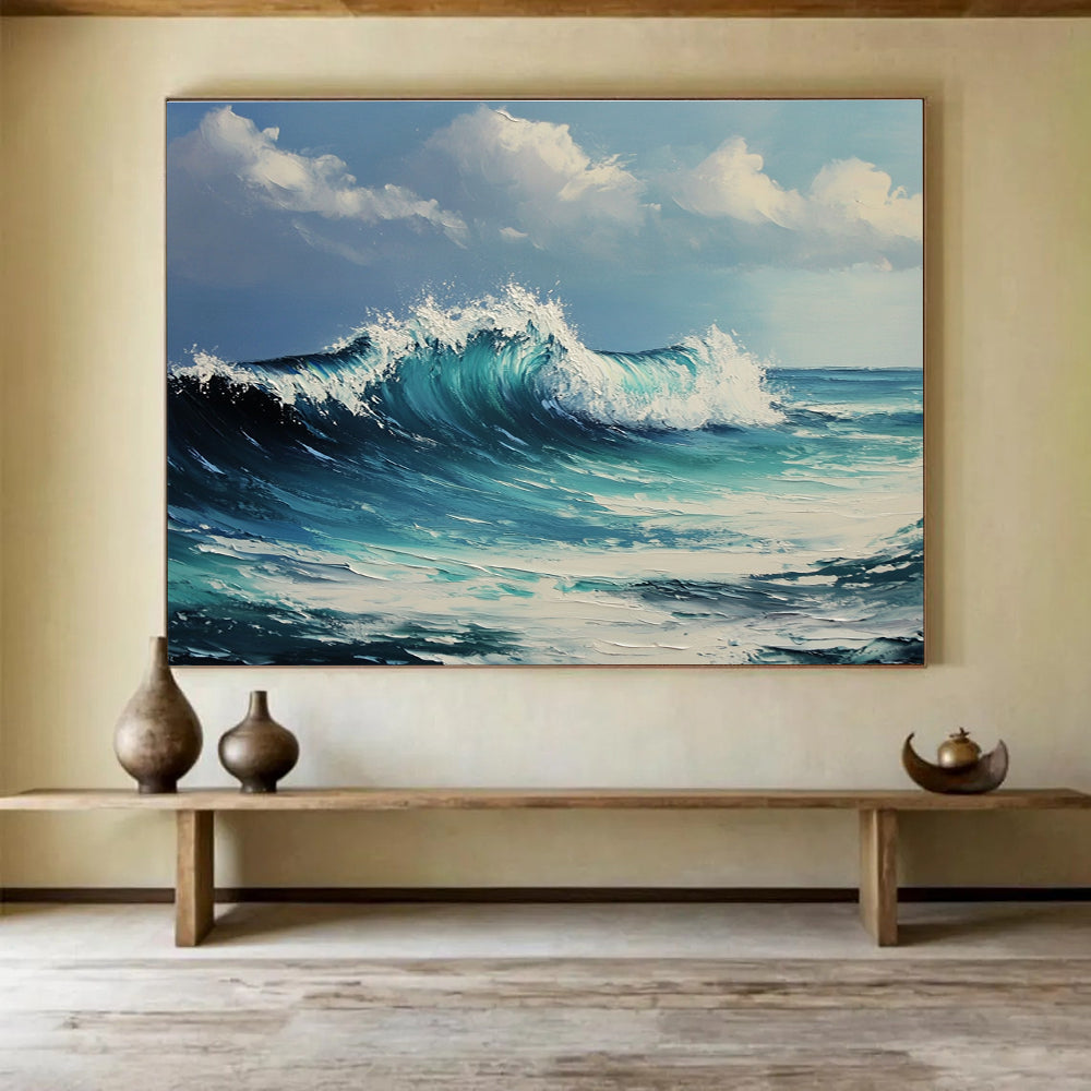 Large abstract oil painting of ocean waves capturing dynamic movement and vibrant colors in the style of Greg Rutkowski for inspiring decor.SC602