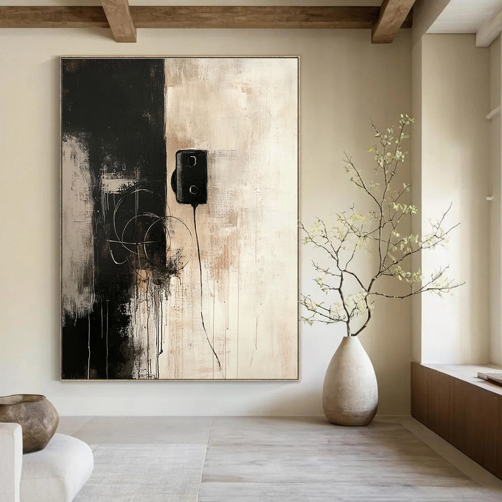 Abstract painting featuring a dark gray and beige color scheme with an old telephone and connecting wires evoking solitude and contemplation.STSC727