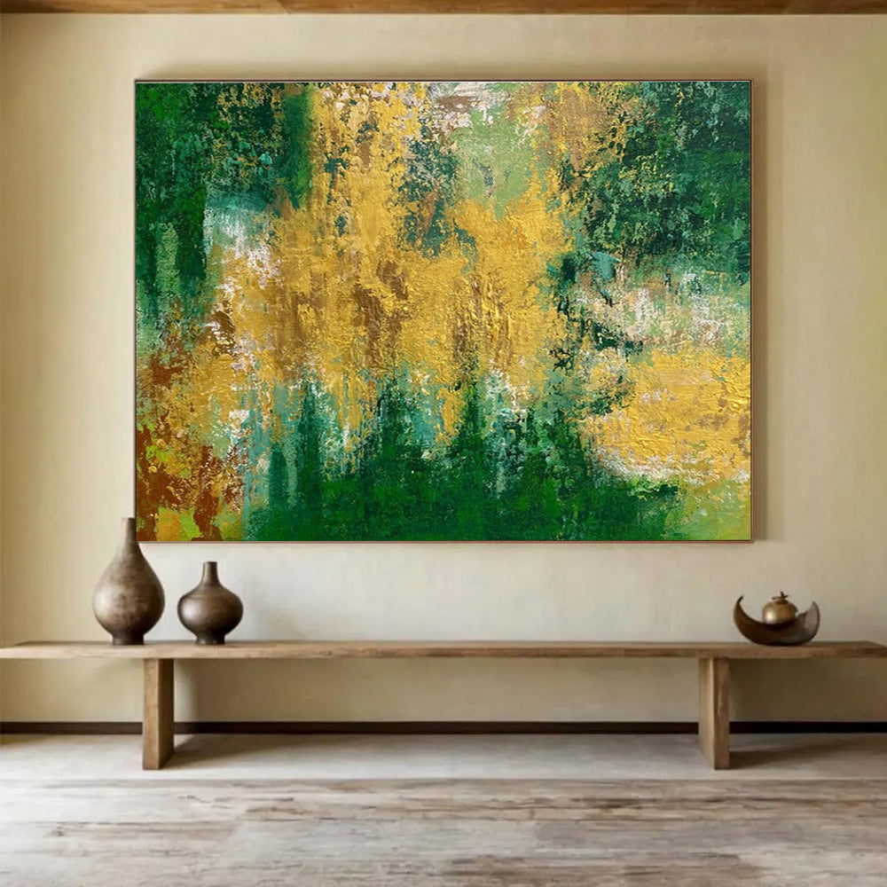 Green Gold Abstract Painting with Lush, Forest - Like Energy THY375