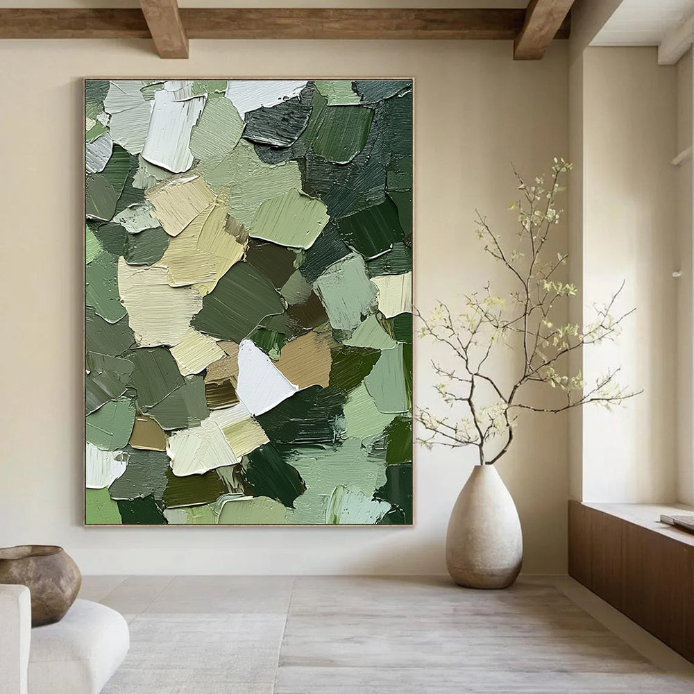Large abstract painting showcasing intricate urban camouflage patterns in greens browns and whites with textured impasto brush strokes for depth and realism.STSC831