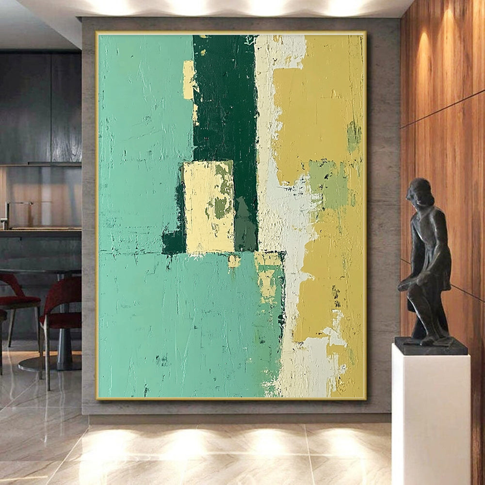 Green and Yellow Abstract Painting with Weathered Surfaces GER108