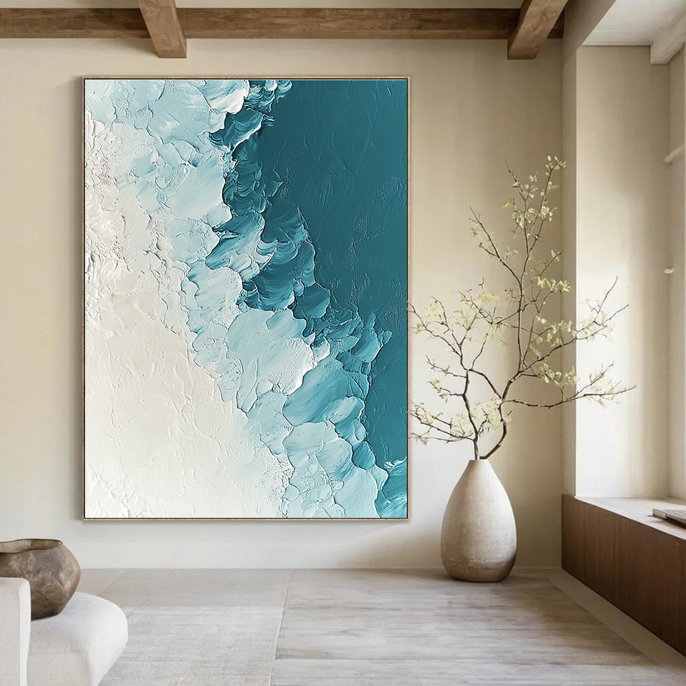 Large abstract painting depicting ice and snow in light blue and white tones with heavy impasto texture and ultra-high resolution.STSC311