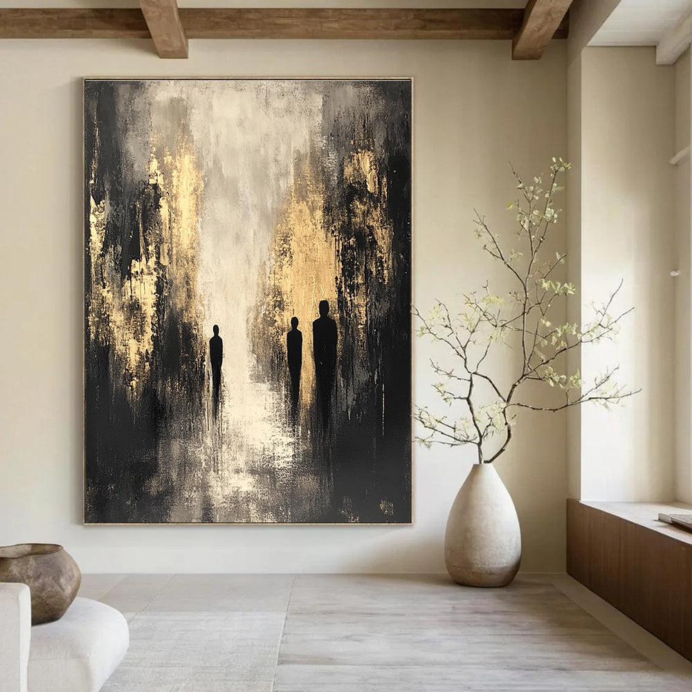 Large abstract painting featuring dark gray and beige tones with gold highlights and black silhouettes creating a shadowy cityscape in a contemplative mood.STSC371