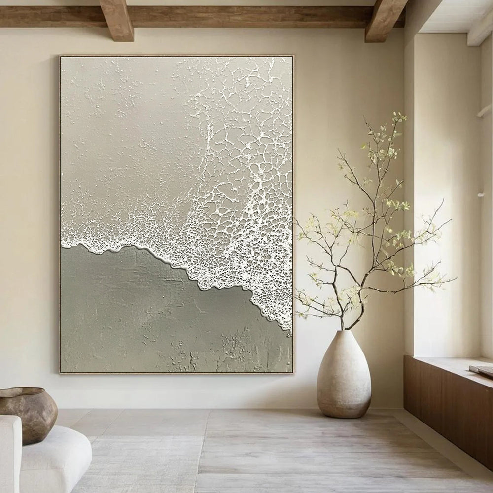 Abstract painting depicting the serene transition of water meeting sand with muted tones of grayish-white and light green.STSC955