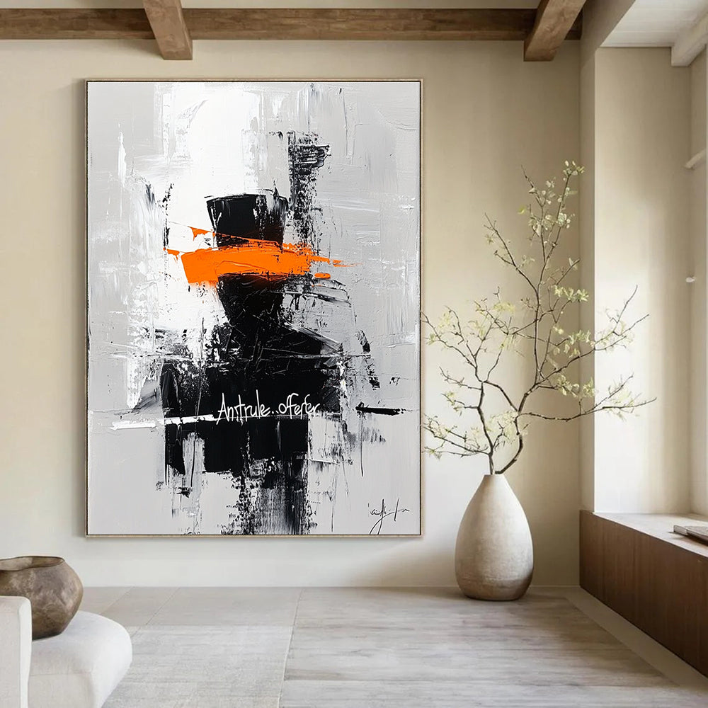 Bold abstract painting featuring a silhouette in an orange top hat with Ant rule.offer graffiti on a contrasting gray brushstroke background.STSC227