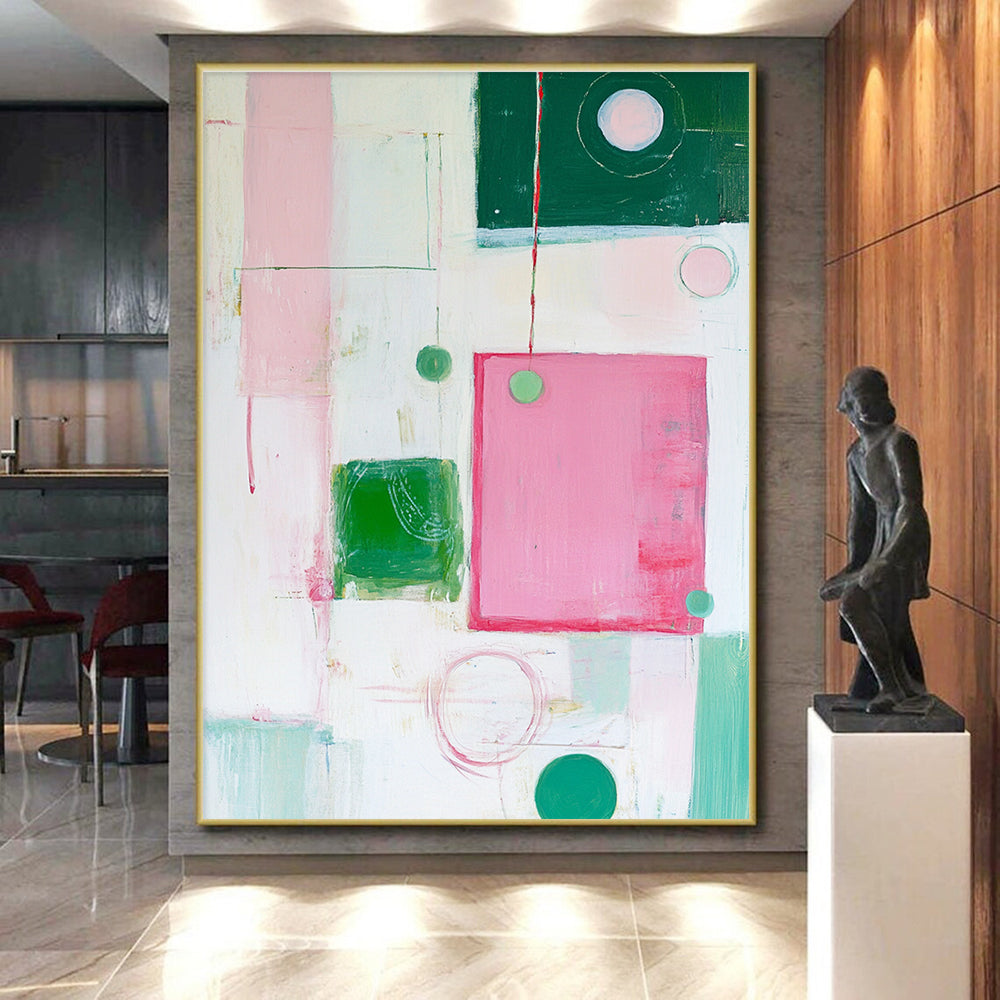 Pink Green Abstract Painting with Playful Forms GER518