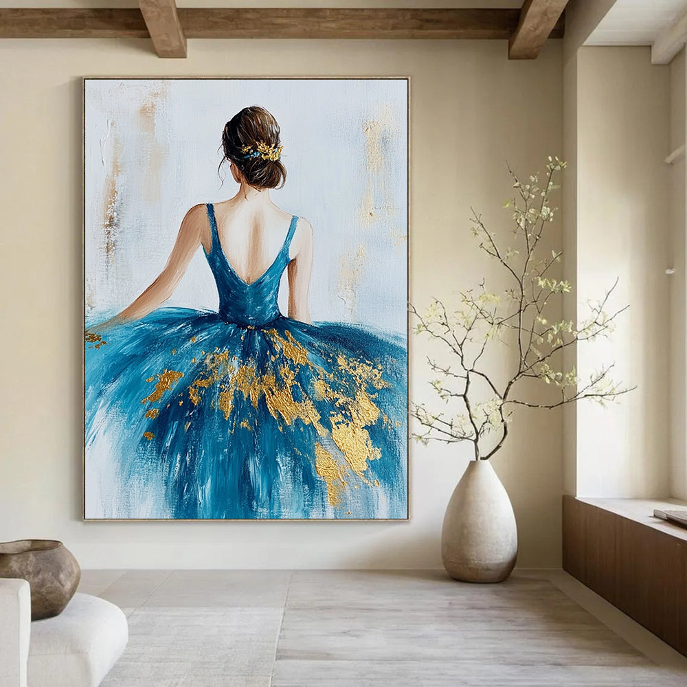 Large abstract painting of a ballerina in a blue dress with gold leaf on a textured white canvas background.STSC155
