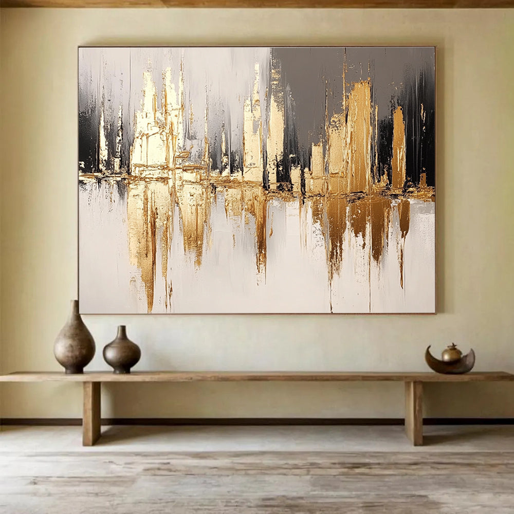 Gold and Gray Cityscape Abstract Painting with Reflective Textures DYP311